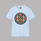 A light blue short-sleeve crewneck t-shirt featuring a large circular 'Abingdon Motor Works' crest graphic printed on the chest, displayed against a solid gray background.