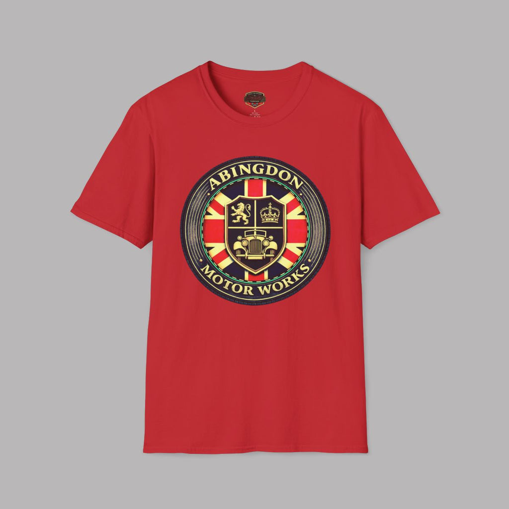 A red short-sleeve crewneck t-shirt featuring a circular 'Abingdon Motor Works' crest graphic printed on the chest, displayed against a solid gray background.