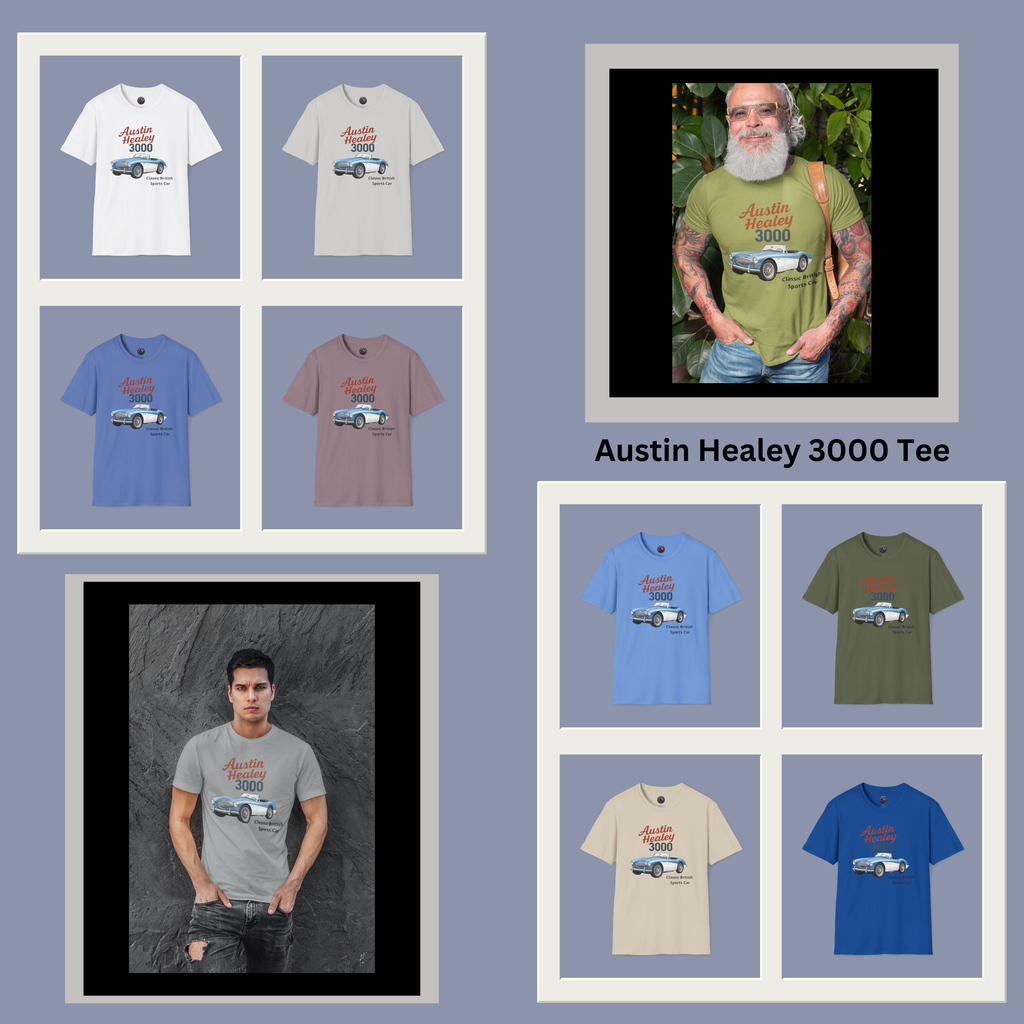 Collage of Austin Healey 3000 t-shirts in various colors with a person wearing a green shirt.