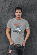 Man wearing a gray t-shirt with Austin Healey 3000 graphic against a textured gray background