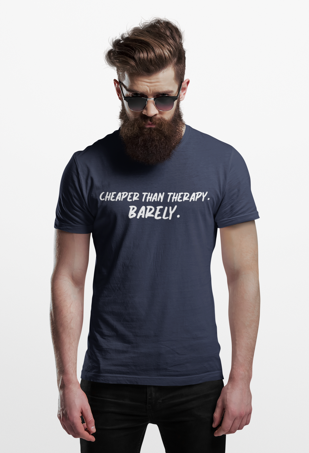 Man wearing a navy blue t-shirt with text, standing against a white background