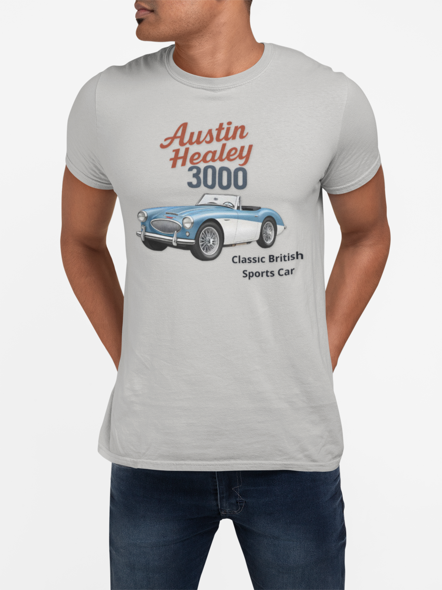 Man wearing a sport gray t-shirt with an Austin Healey 3000 graphic on a white background