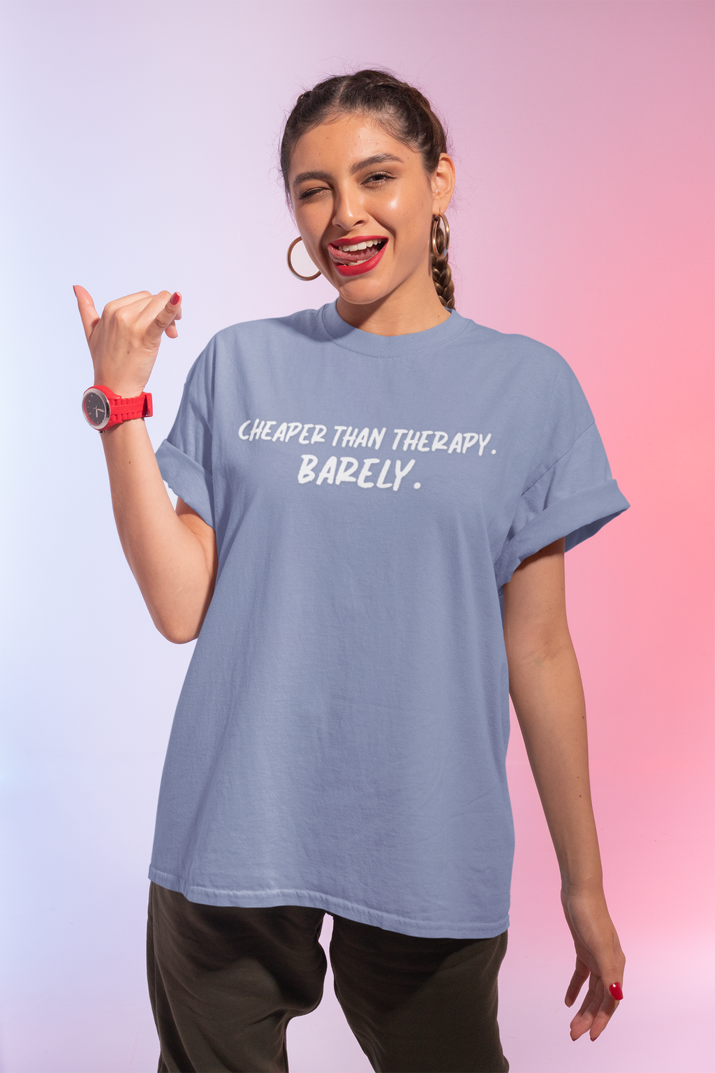 Woman wearing a light blue t-shirt with text on a gradient background
