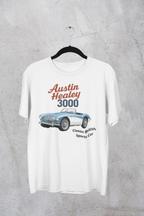 White t-shirt with Austin Healey 3000 graphic  on a black hanger displayed on a gray background