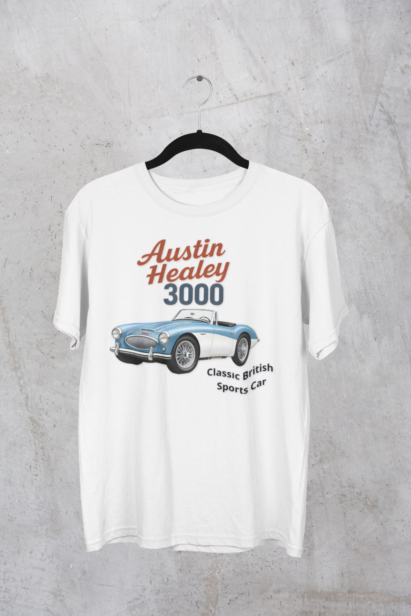 White t-shirt with Austin Healey 3000 graphic  on a black hanger displayed on a gray background