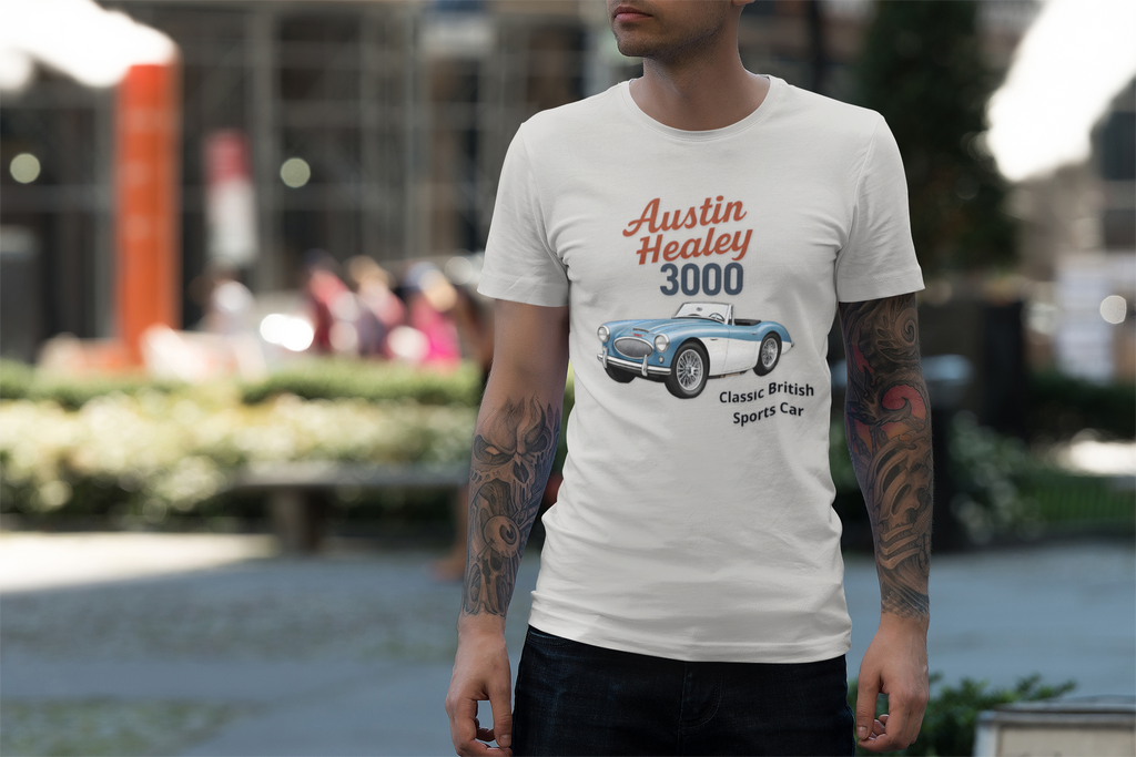 Man wearing a white t-shirt with an Austin Healey 3000 graphic in an outdoor setting